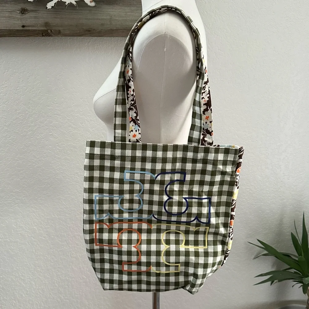 Tory Burch Reverie Floral Print & Green‎ Gingham Check Canvas Shopping Tote Bag